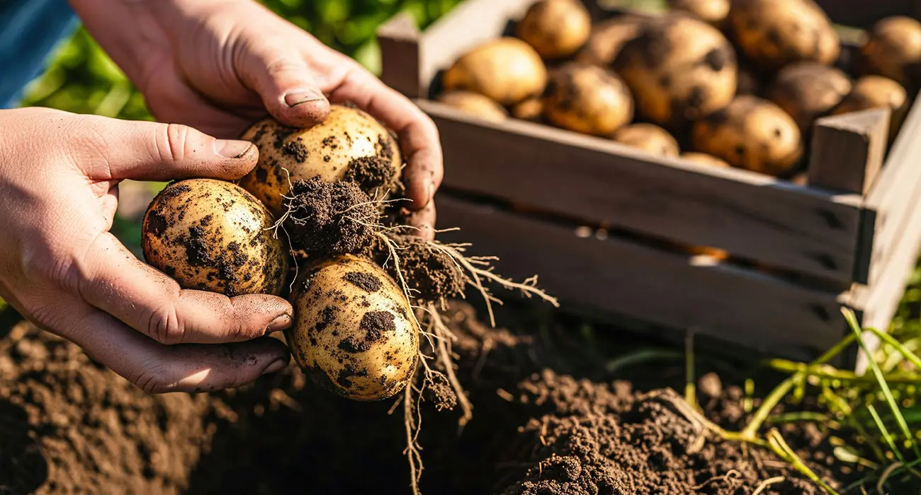 Dłonie rolnika wyciągają z ziemi bulwy ziemniaka